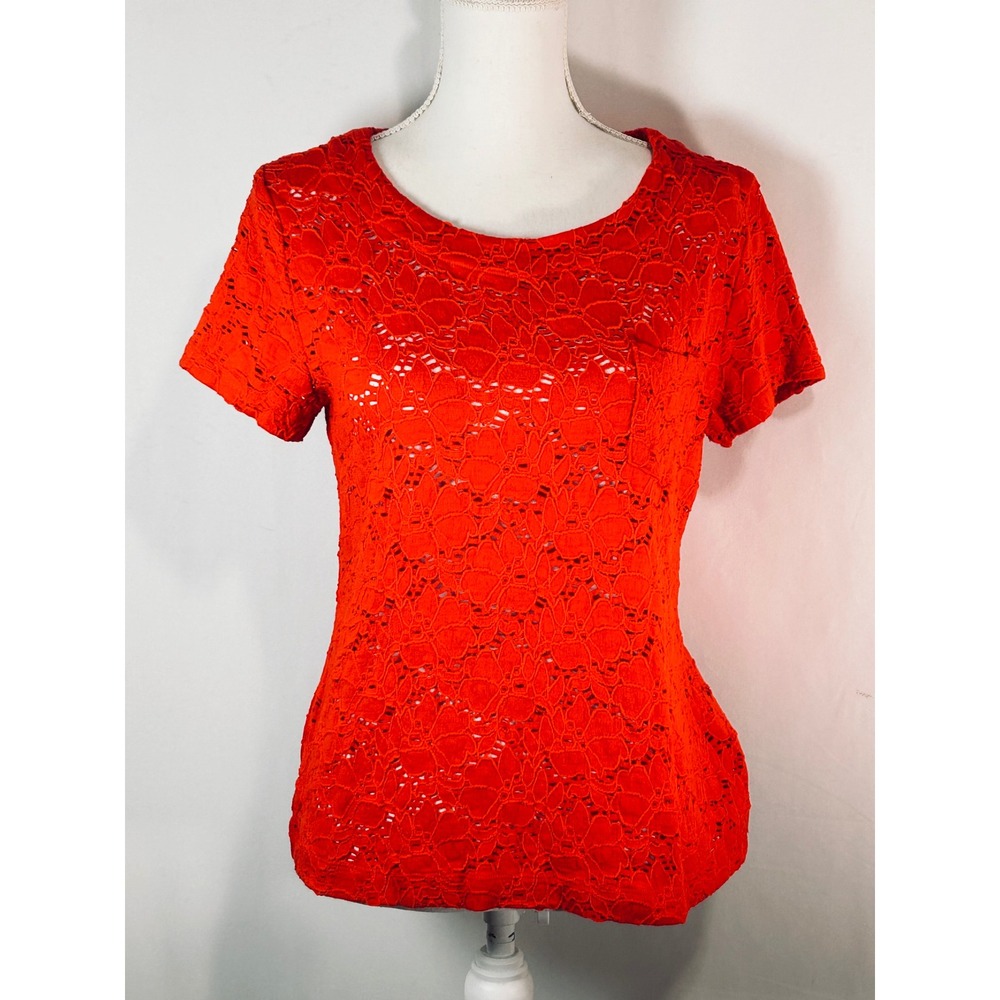 Chaus Womens Red Floral Lace Short Sleeve Crew Neck Top Size Small